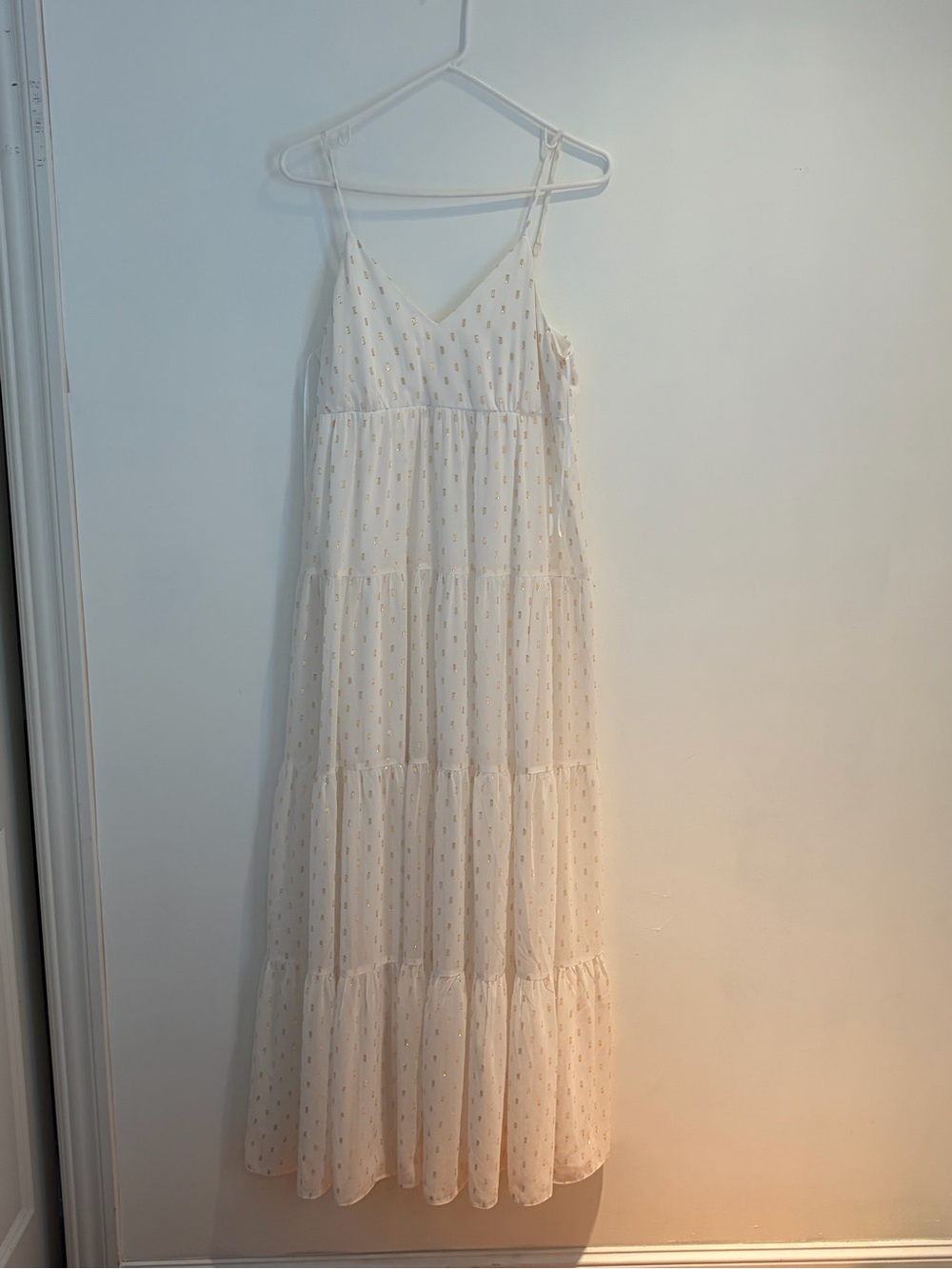 Lightweight Cream Tiered Maxi Dress with Gold metallic Dot Detail